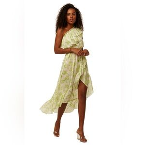MISA Los Angeles Rumi Asymmetric Floral-Print Chiffon Dress Honeydew NWT S & M
